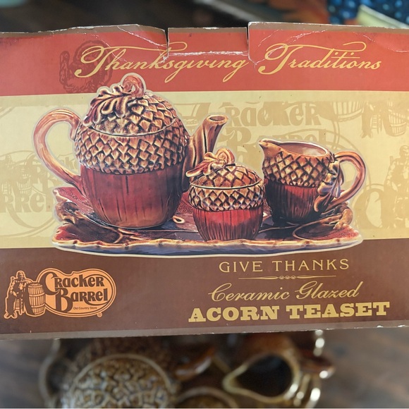 Vintage Thanksgiving Traditions Cracker Barrel Acorn Teaset Set W Box Complete - Picture 6 of 6